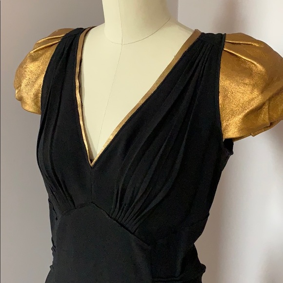 Prada dress black gold metallic leather sleeves 44 - Picture 2 of 7